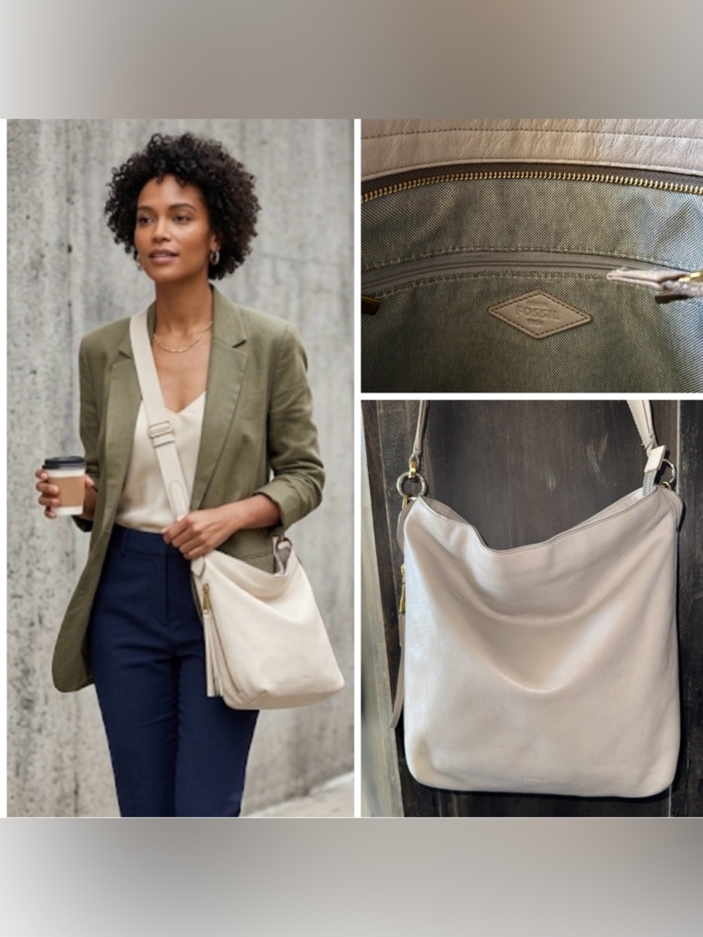 FOSSIL Maya Leather Hobo Shoulder Bag Brown Taupe